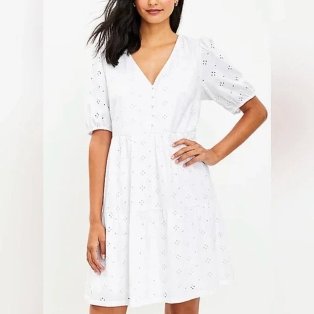 LOFT White Eyelet Puff Sleeve Button Tiered Swing Dress M EUC